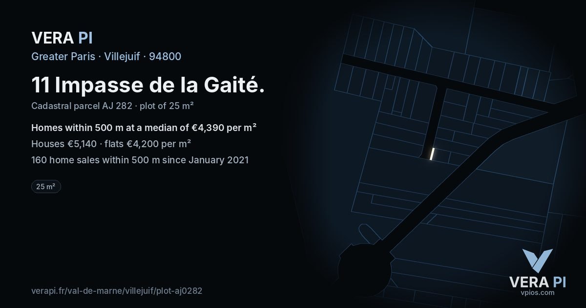 11 Impasse de la Gaité, Villejuif at night – the plot lit, the parcels around coloured by the prices near them