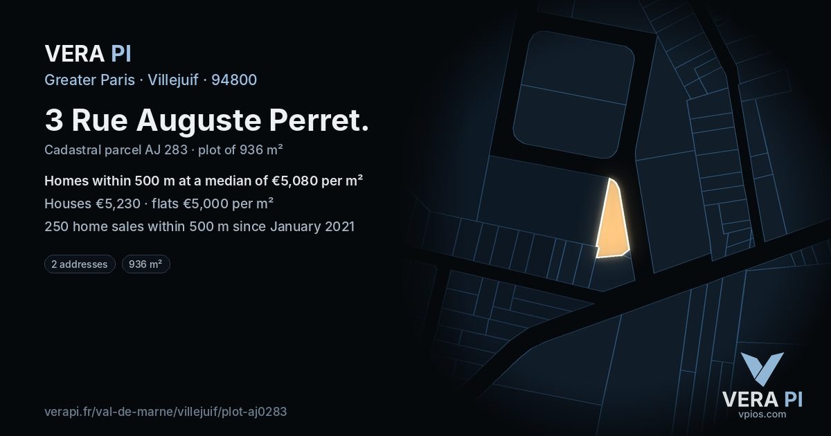 3 Rue Auguste Perret, Villejuif at night – the plot lit, the parcels around coloured by the prices near them