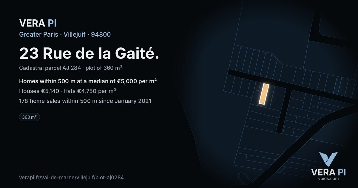 23 Rue de la Gaité, Villejuif at night – the plot lit, the parcels around coloured by the prices near them
