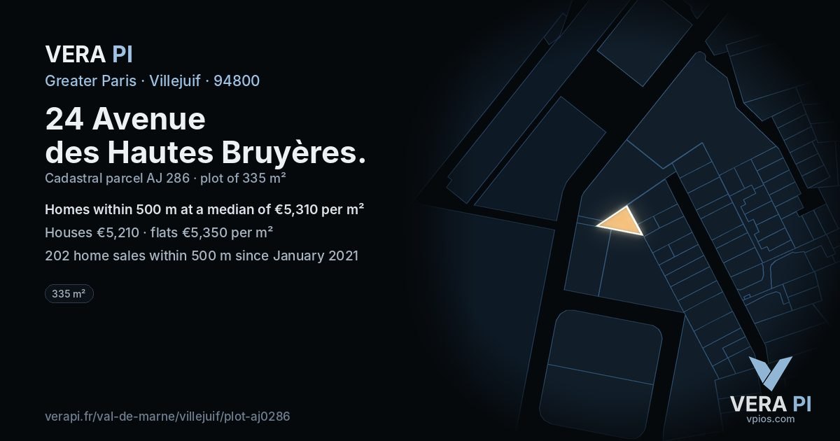 24 Avenue des Hautes Bruyères, Villejuif at night – the plot lit, the parcels around coloured by the prices near them