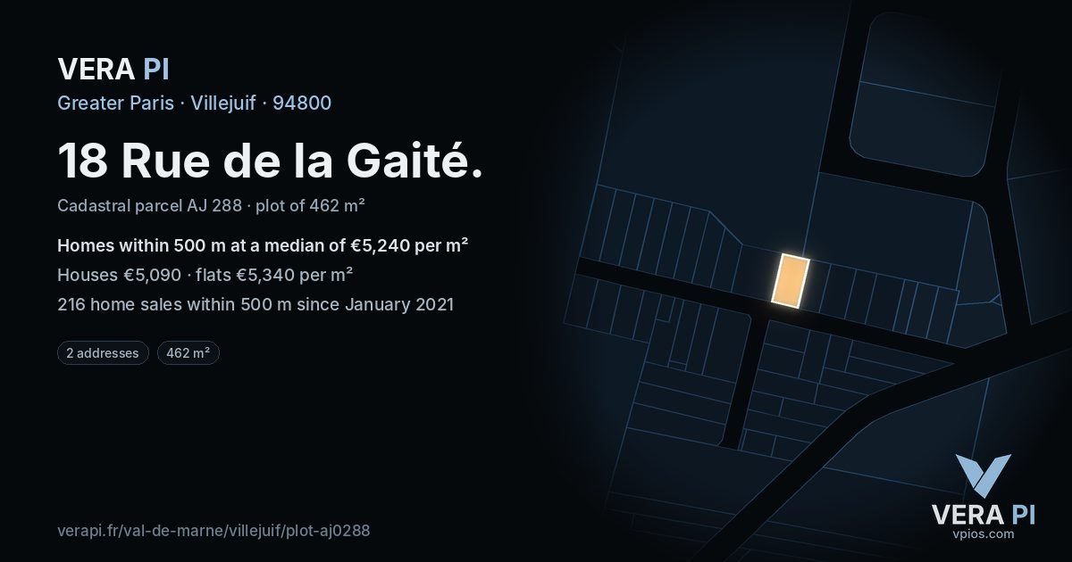 18 Rue de la Gaité, Villejuif at night – the plot lit, the parcels around coloured by the prices near them