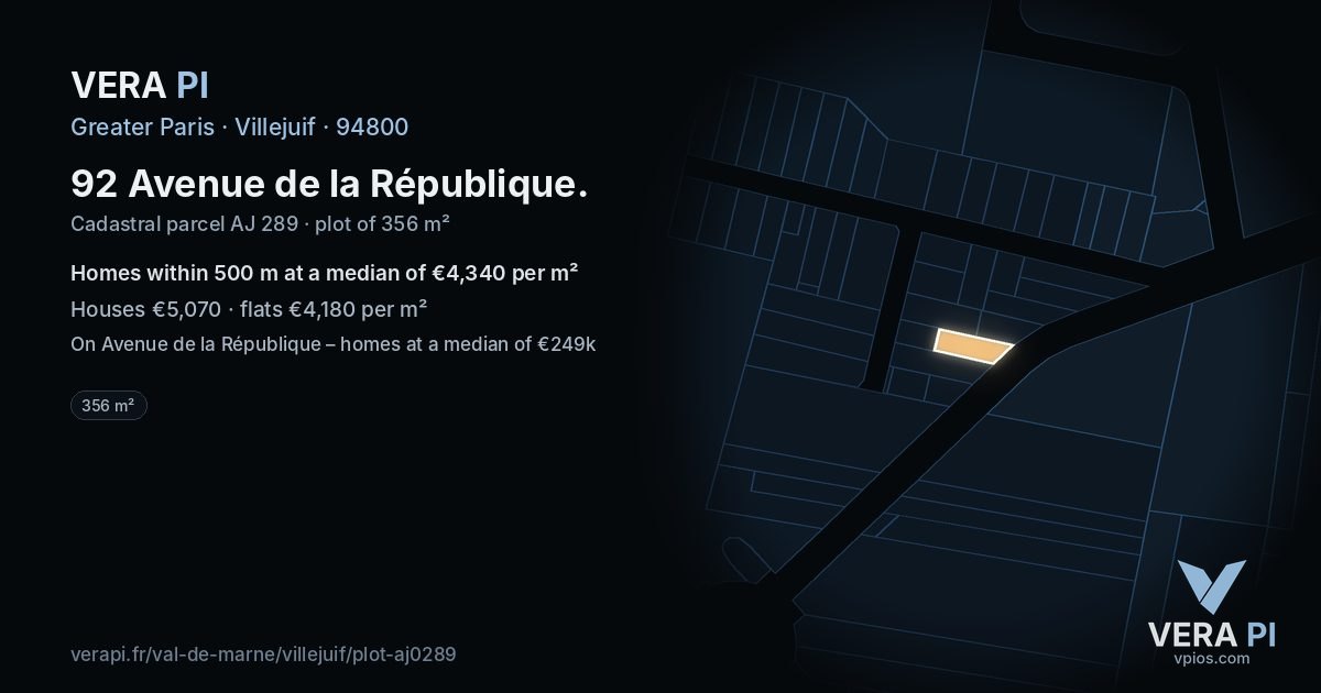 92 Avenue de la République, Villejuif at night – the plot lit, the parcels around coloured by the prices near them