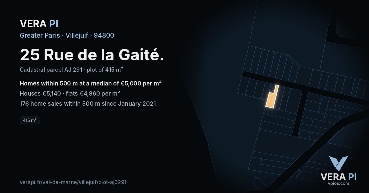 25 Rue de la Gaité, Villejuif at night – the plot lit, the parcels around coloured by the prices near them