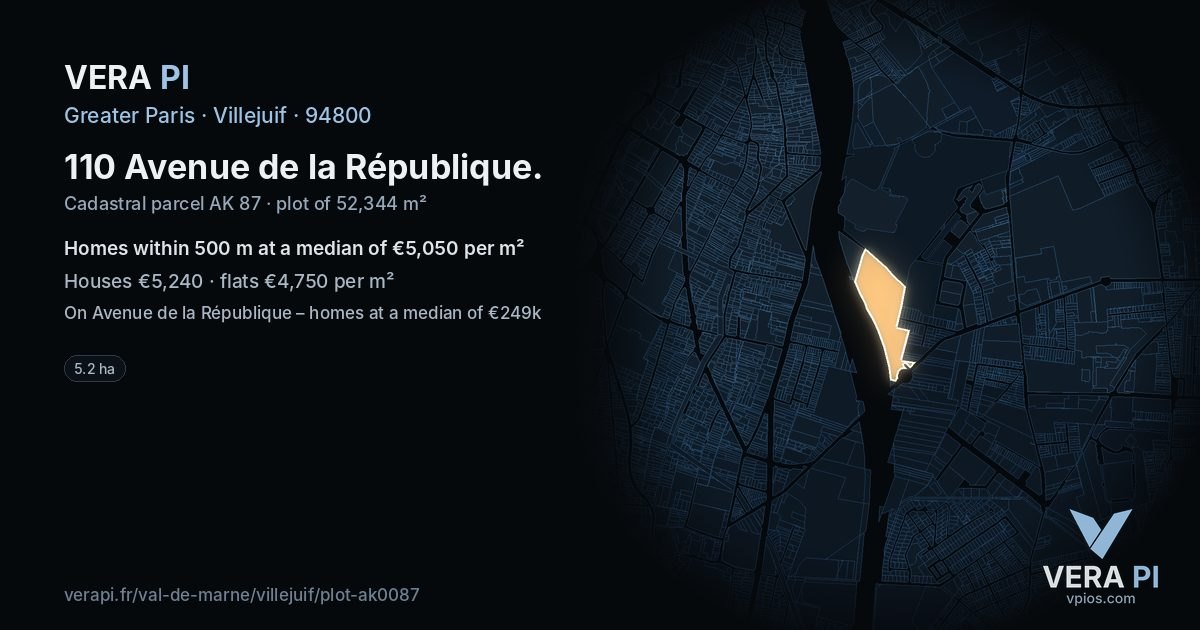 110 Avenue de la République, Villejuif at night – the plot lit, the parcels around coloured by the prices near them