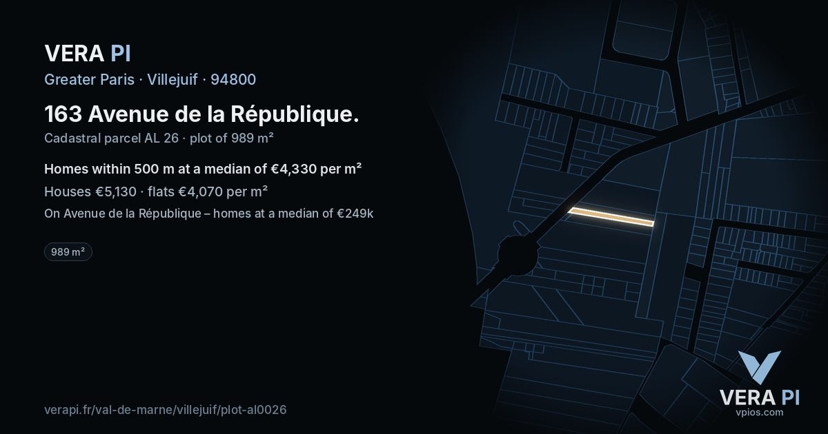163 Avenue de la République, Villejuif at night – the plot lit, the parcels around coloured by the prices near them