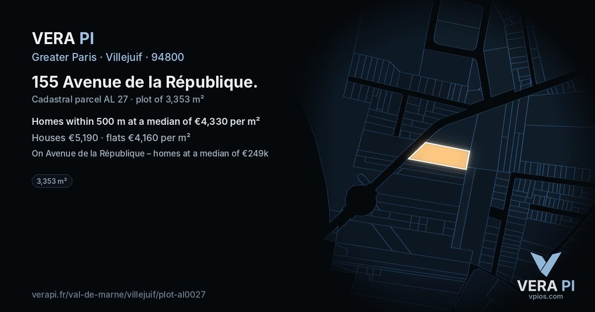 155 Avenue de la République, Villejuif at night – the plot lit, the parcels around coloured by the prices near them