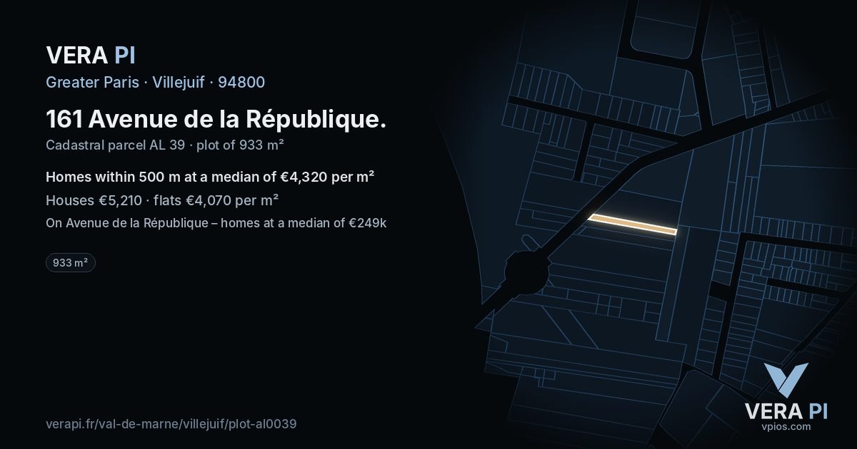 161 Avenue de la République, Villejuif at night – the plot lit, the parcels around coloured by the prices near them