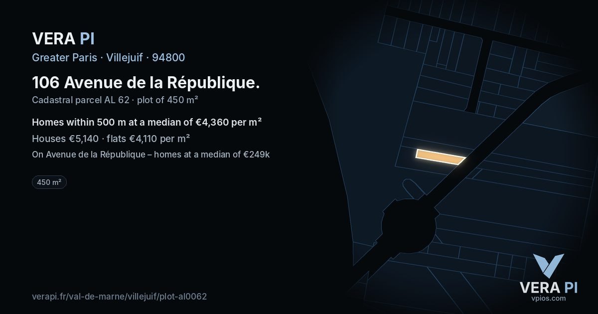 106 Avenue de la République, Villejuif at night – the plot lit, the parcels around coloured by the prices near them