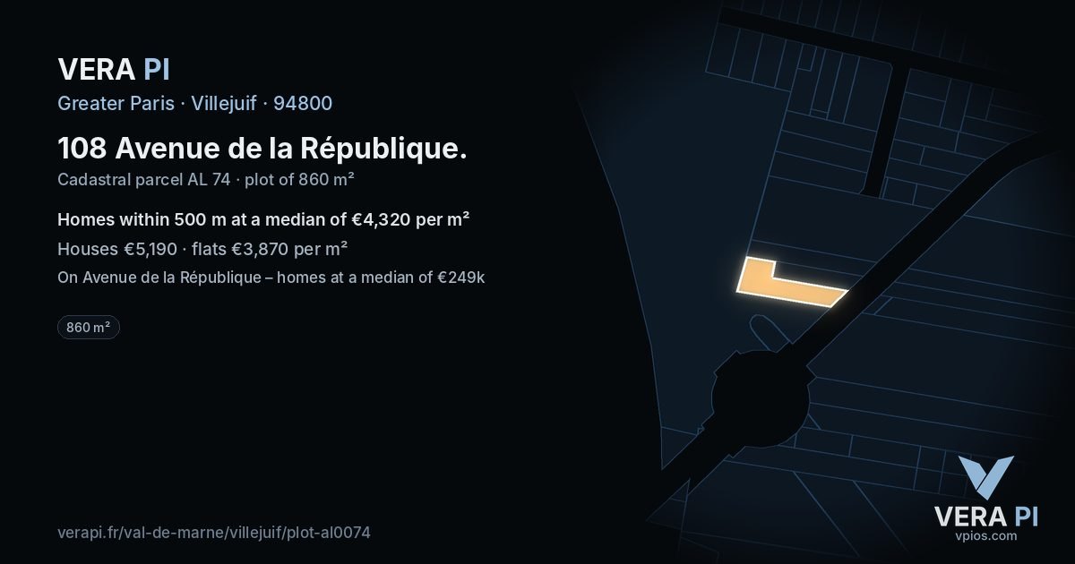 108 Avenue de la République, Villejuif at night – the plot lit, the parcels around coloured by the prices near them