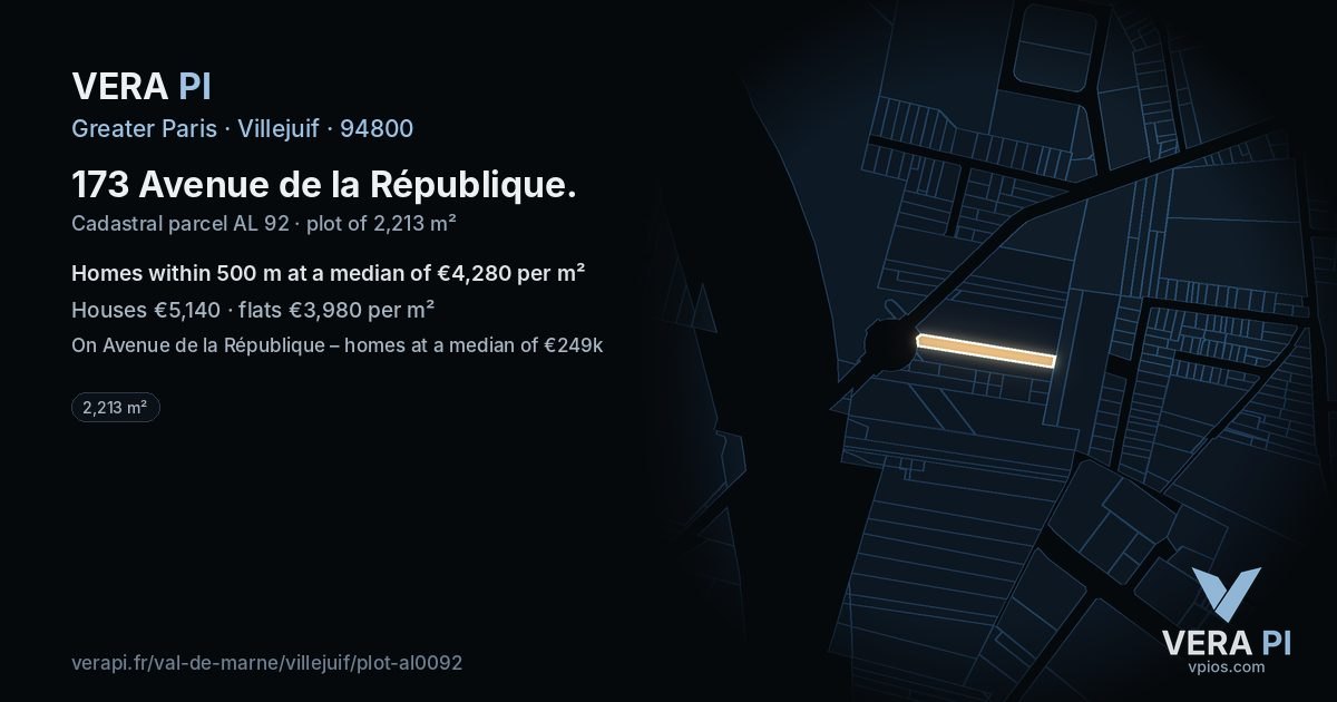 173 Avenue de la République, Villejuif at night – the plot lit, the parcels around coloured by the prices near them