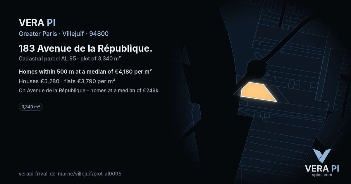 183 Avenue de la République, Villejuif at night – the plot lit, the parcels around coloured by the prices near them