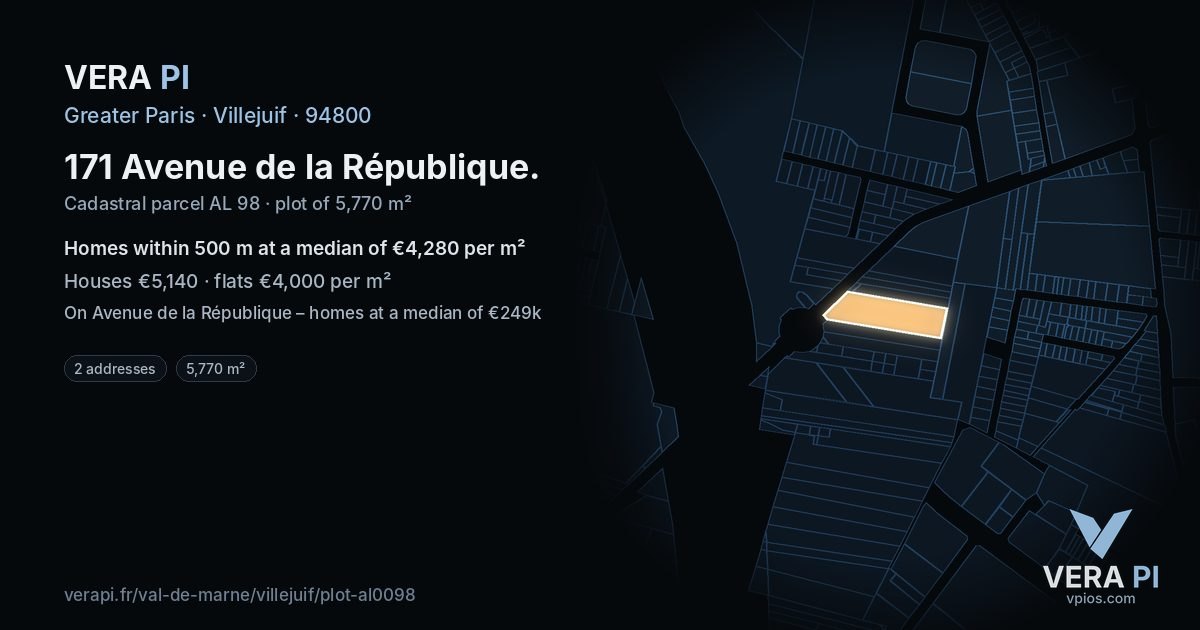 171 Avenue de la République, Villejuif at night – the plot lit, the parcels around coloured by the prices near them
