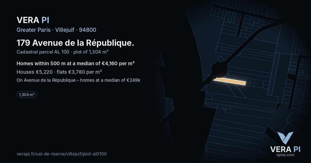 179 Avenue de la République, Villejuif at night – the plot lit, the parcels around coloured by the prices near them