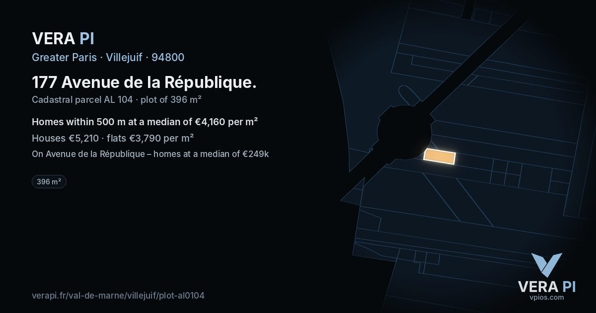 177 Avenue de la République, Villejuif at night – the plot lit, the parcels around coloured by the prices near them