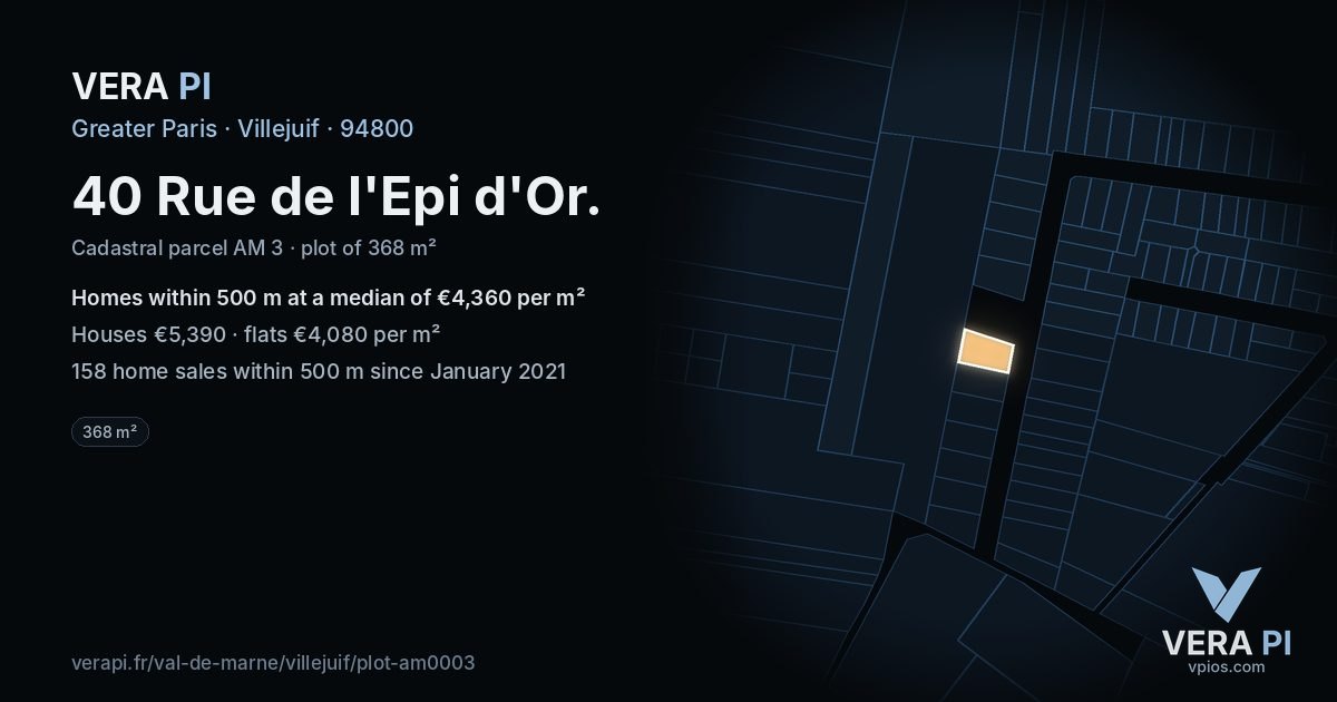 40 Rue de l'Epi d'Or, Villejuif at night – the plot lit, the parcels around coloured by the prices near them