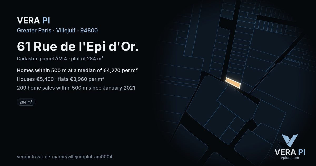 61 Rue de l'Epi d'Or, Villejuif at night – the plot lit, the parcels around coloured by the prices near them