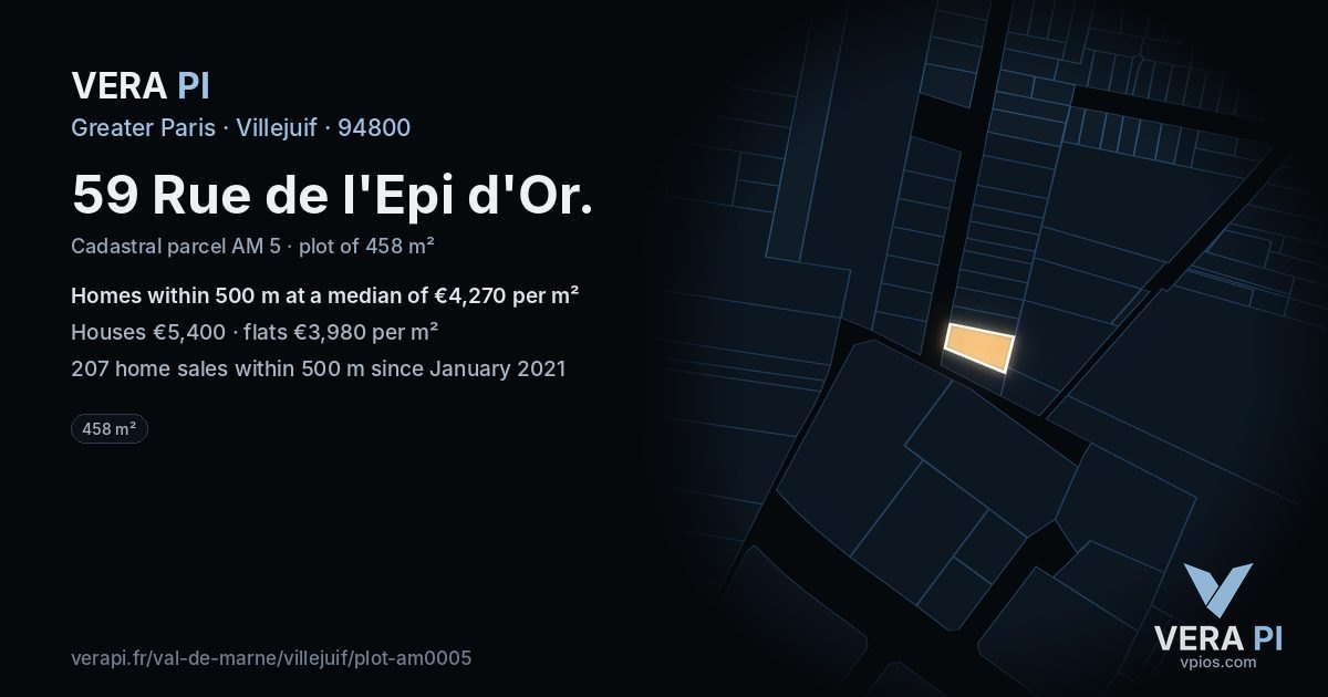 59 Rue de l'Epi d'Or, Villejuif at night – the plot lit, the parcels around coloured by the prices near them