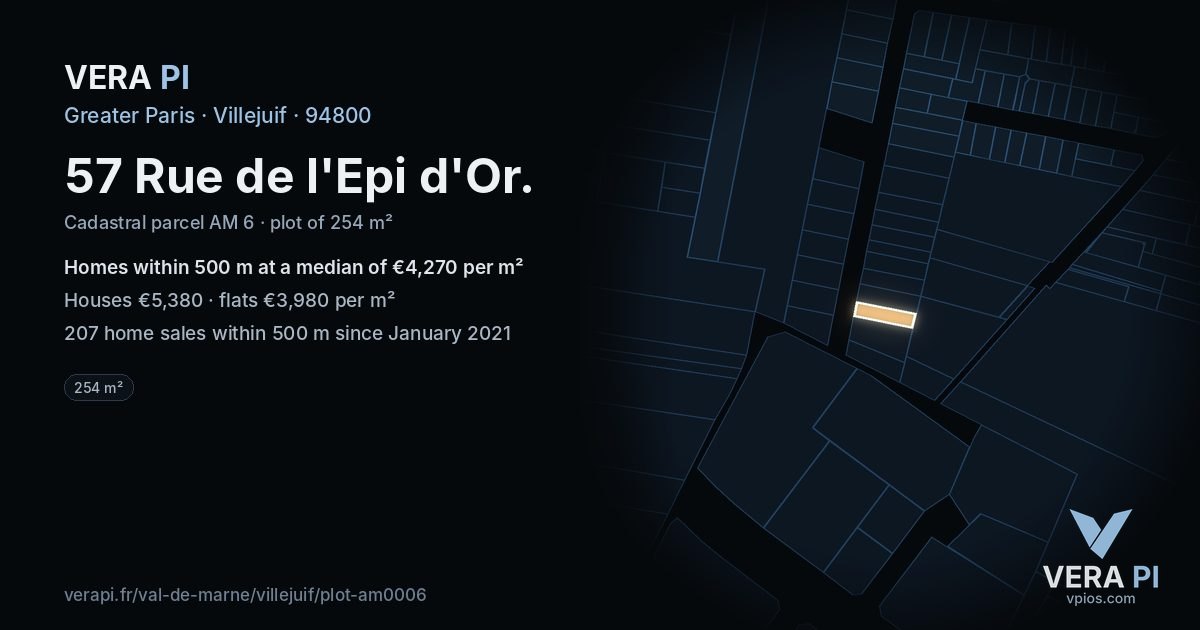 57 Rue de l'Epi d'Or, Villejuif at night – the plot lit, the parcels around coloured by the prices near them