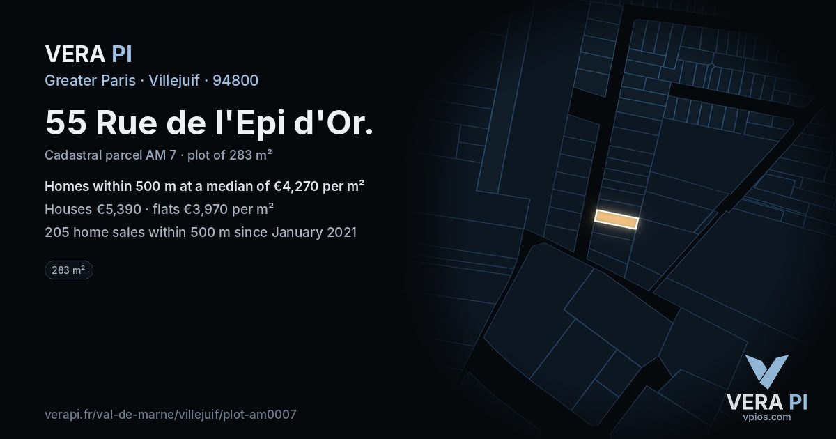 55 Rue de l'Epi d'Or, Villejuif at night – the plot lit, the parcels around coloured by the prices near them