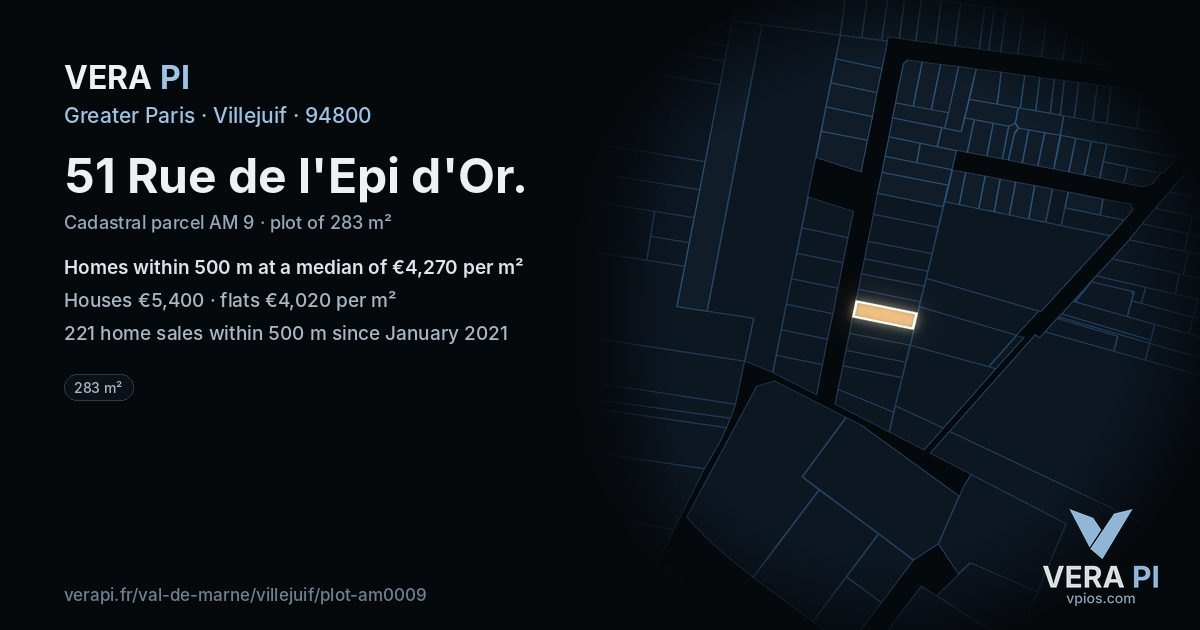 51 Rue de l'Epi d'Or, Villejuif at night – the plot lit, the parcels around coloured by the prices near them