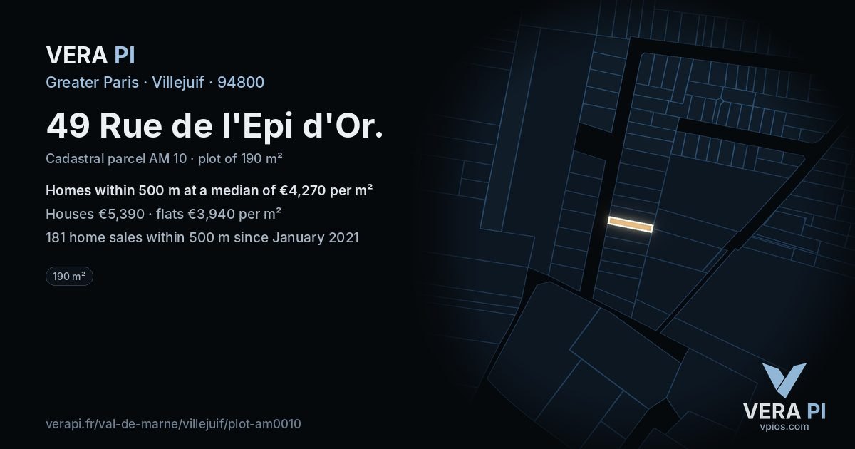 49 Rue de l'Epi d'Or, Villejuif at night – the plot lit, the parcels around coloured by the prices near them