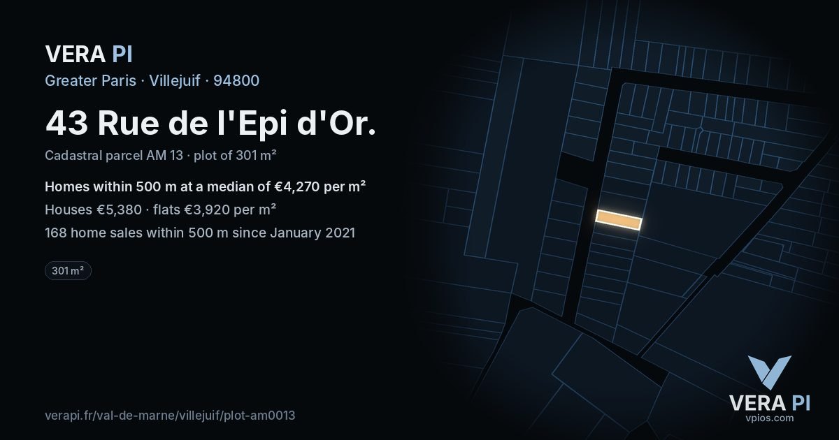 43 Rue de l'Epi d'Or, Villejuif at night – the plot lit, the parcels around coloured by the prices near them