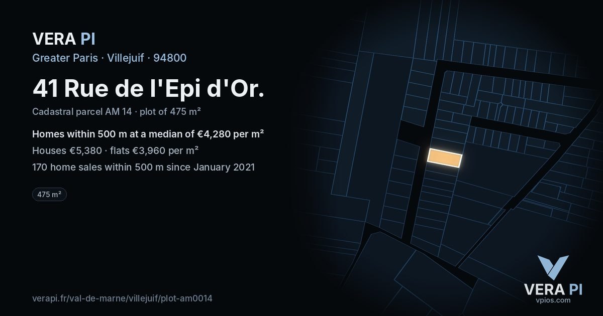 41 Rue de l'Epi d'Or, Villejuif at night – the plot lit, the parcels around coloured by the prices near them