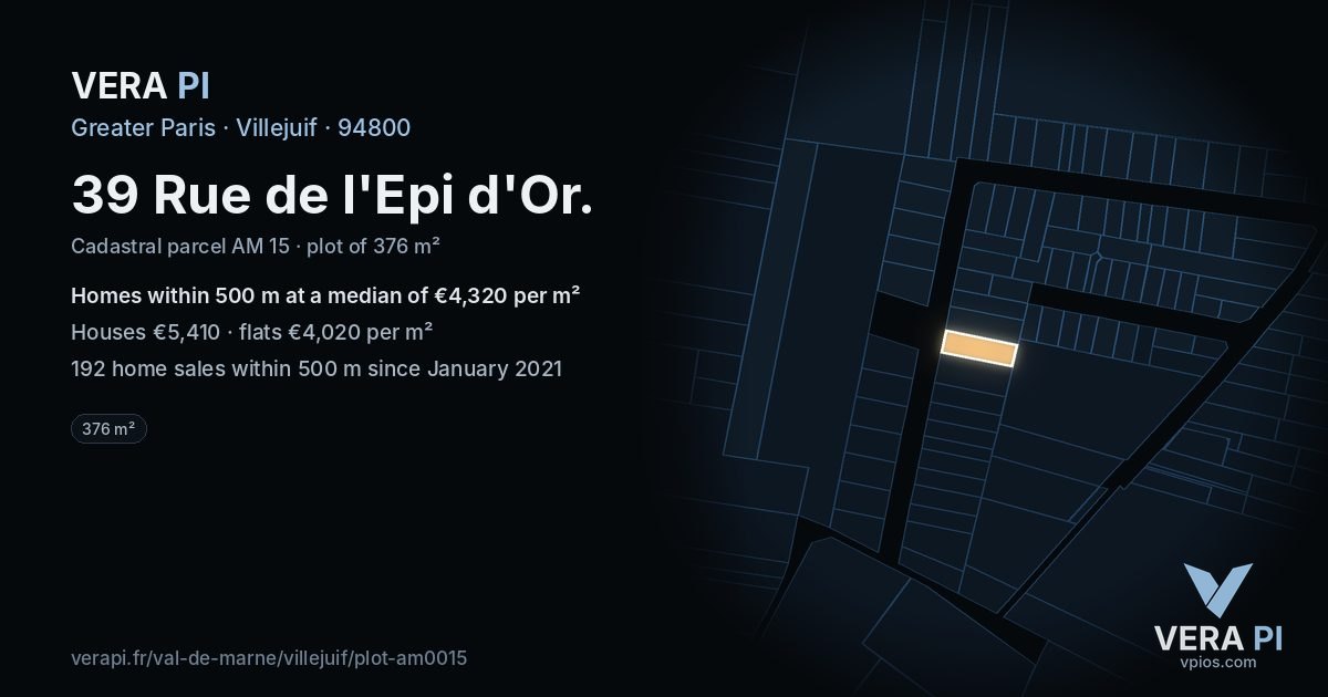 39 Rue de l'Epi d'Or, Villejuif at night – the plot lit, the parcels around coloured by the prices near them