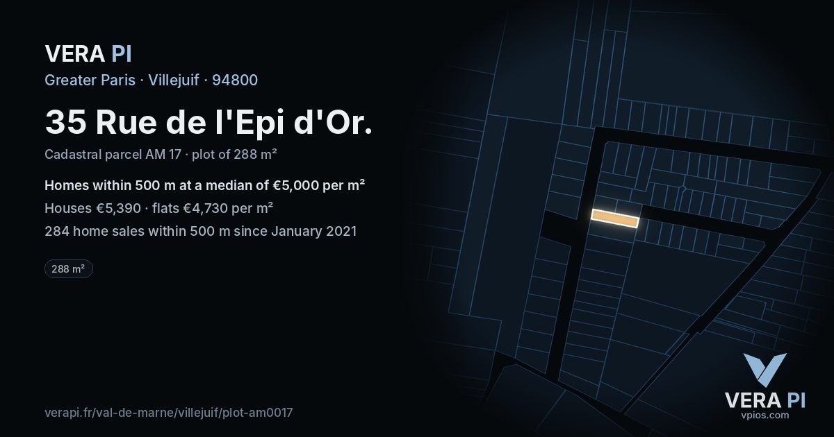 35 Rue de l'Epi d'Or, Villejuif at night – the plot lit, the parcels around coloured by the prices near them