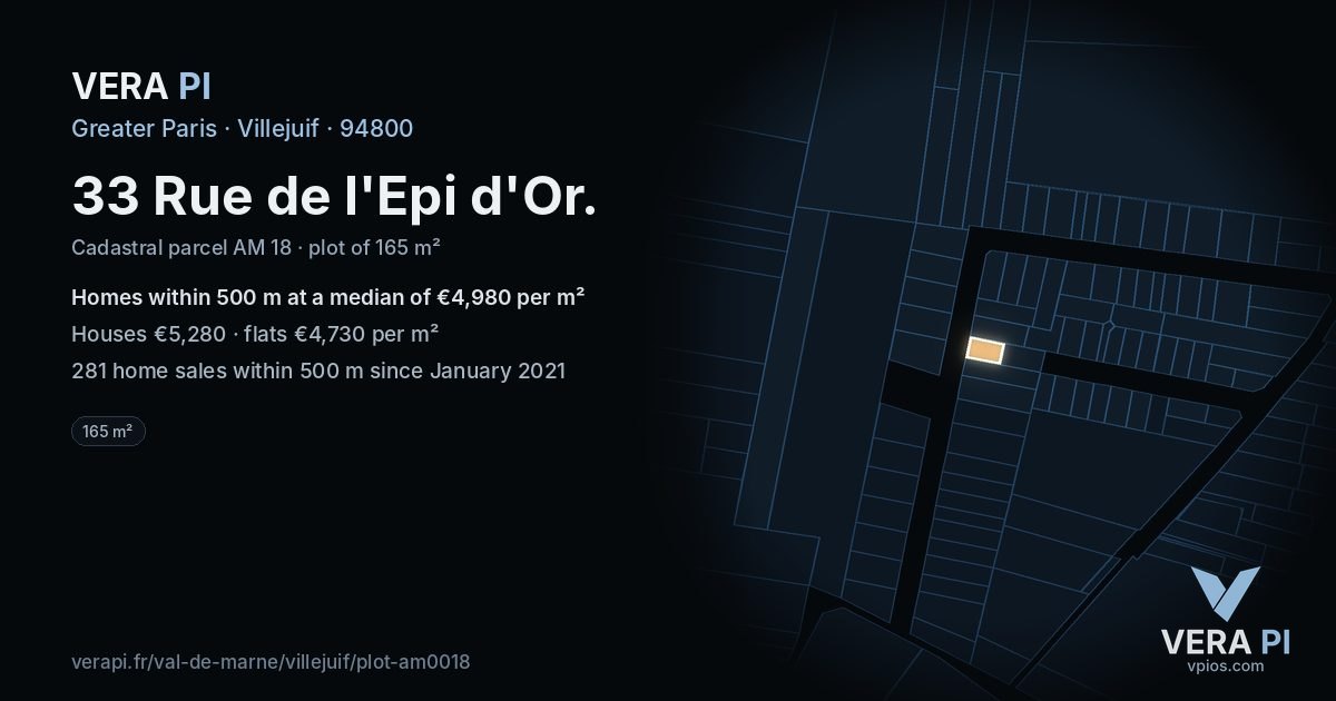 33 Rue de l'Epi d'Or, Villejuif at night – the plot lit, the parcels around coloured by the prices near them