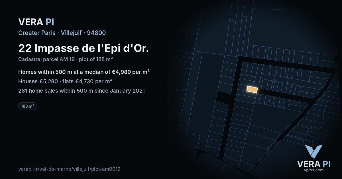 22 Impasse de l'Epi d'Or, Villejuif at night – the plot lit, the parcels around coloured by the prices near them