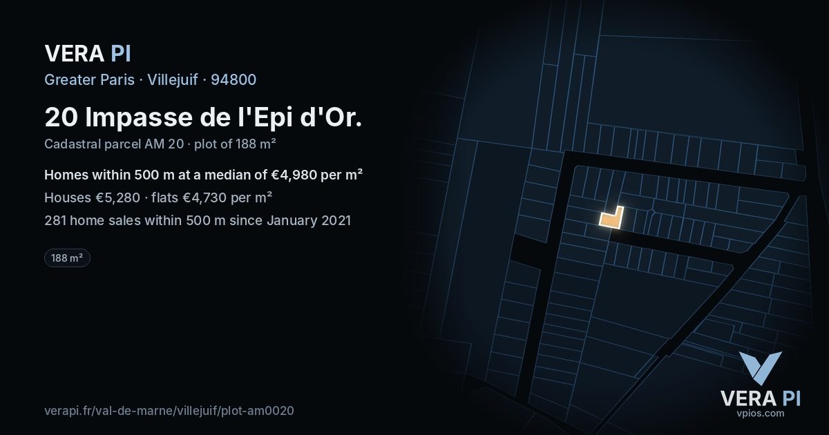 20 Impasse de l'Epi d'Or, Villejuif at night – the plot lit, the parcels around coloured by the prices near them