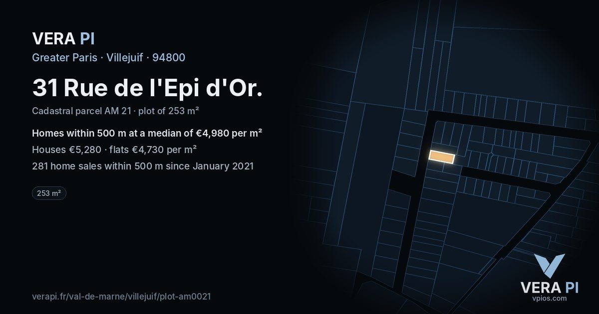 31 Rue de l'Epi d'Or, Villejuif at night – the plot lit, the parcels around coloured by the prices near them