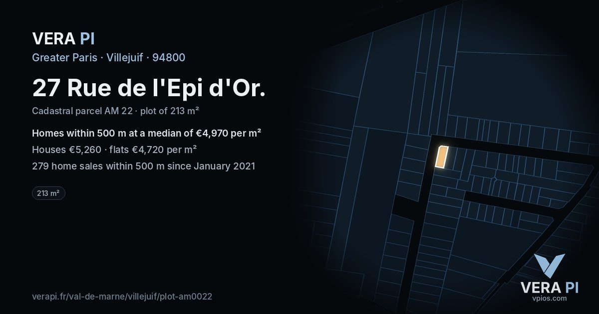 27 Rue de l'Epi d'Or, Villejuif at night – the plot lit, the parcels around coloured by the prices near them