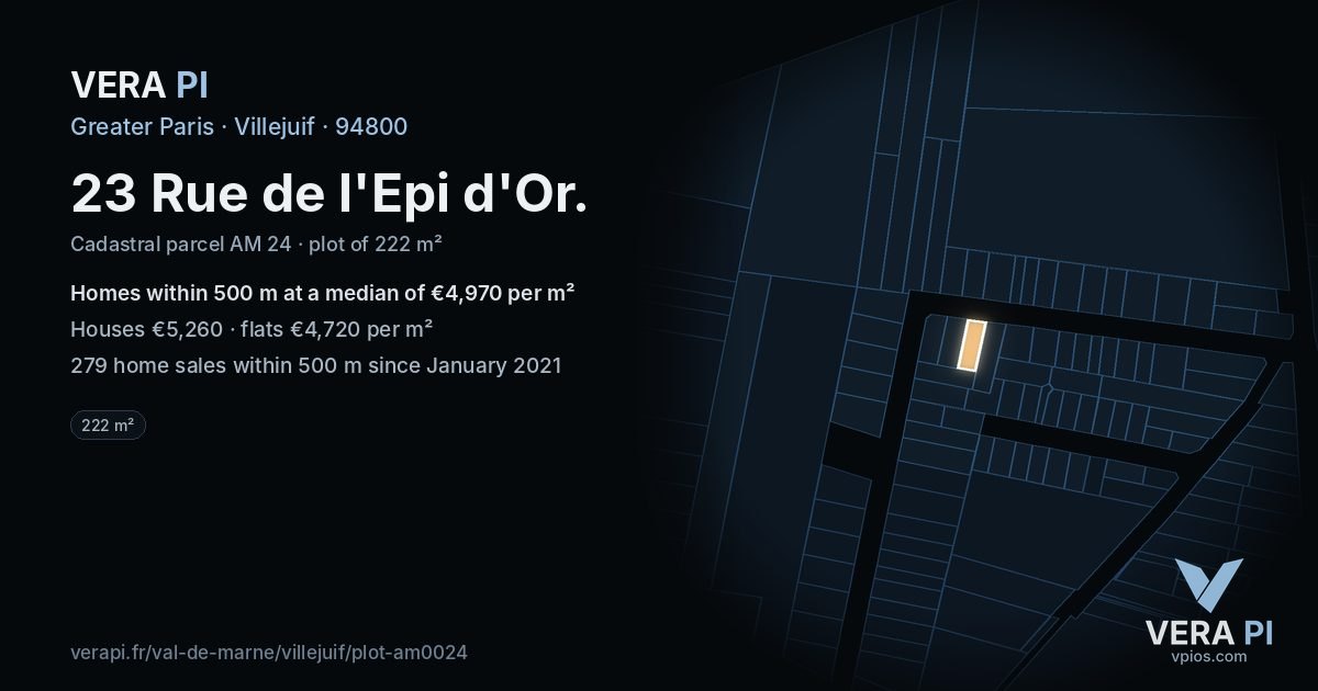 23 Rue de l'Epi d'Or, Villejuif at night – the plot lit, the parcels around coloured by the prices near them