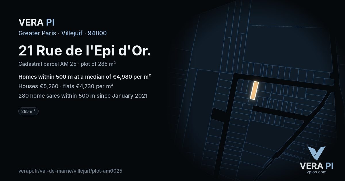 21 Rue de l'Epi d'Or, Villejuif at night – the plot lit, the parcels around coloured by the prices near them