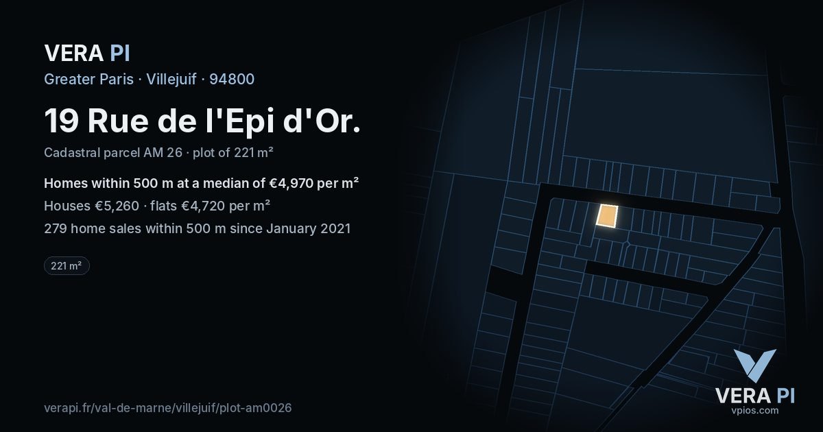 19 Rue de l'Epi d'Or, Villejuif at night – the plot lit, the parcels around coloured by the prices near them