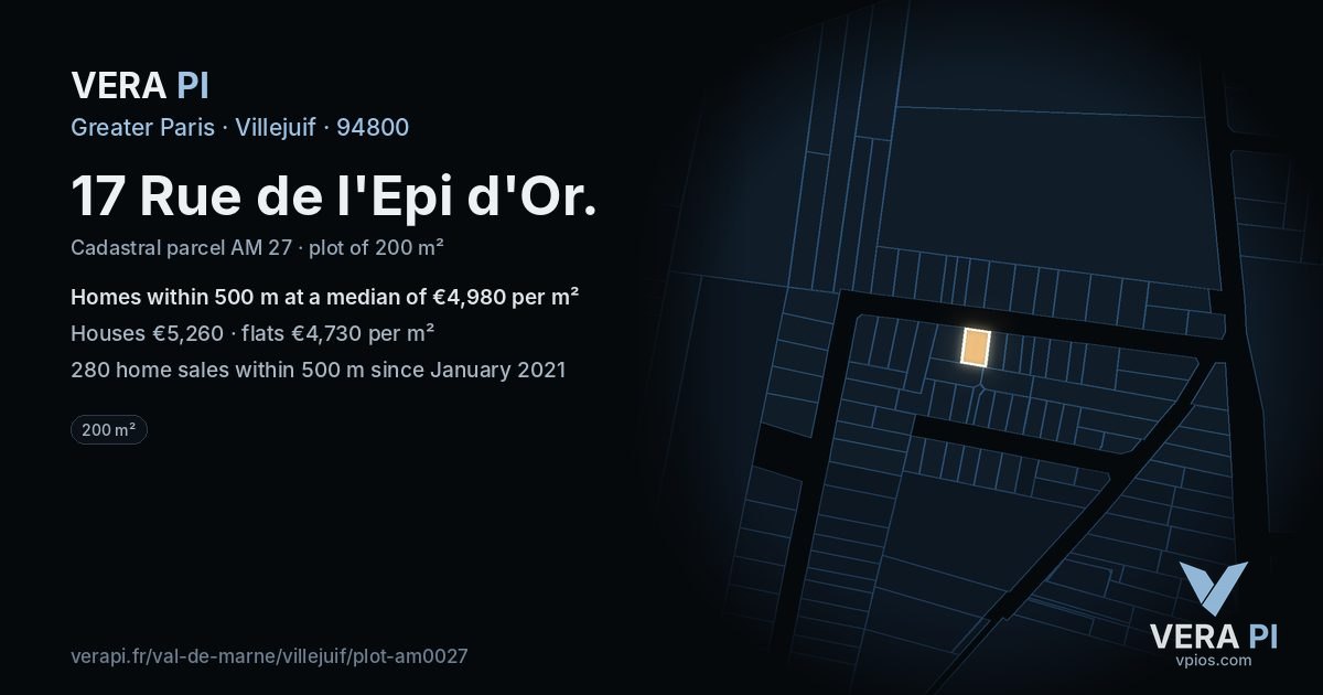 17 Rue de l'Epi d'Or, Villejuif at night – the plot lit, the parcels around coloured by the prices near them