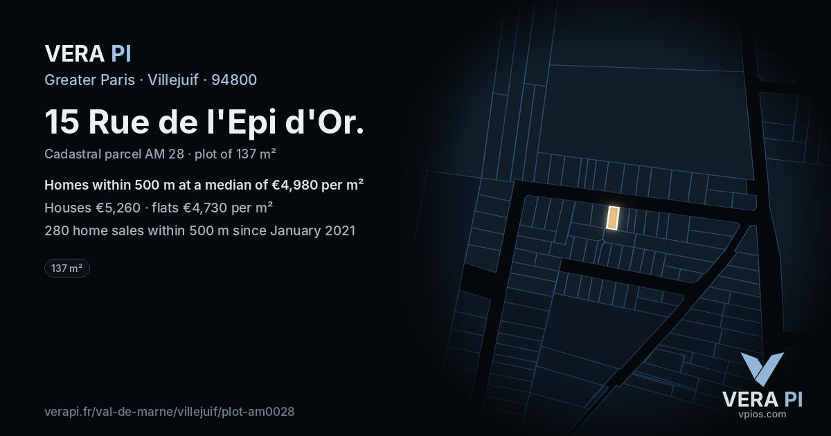 15 Rue de l'Epi d'Or, Villejuif at night – the plot lit, the parcels around coloured by the prices near them