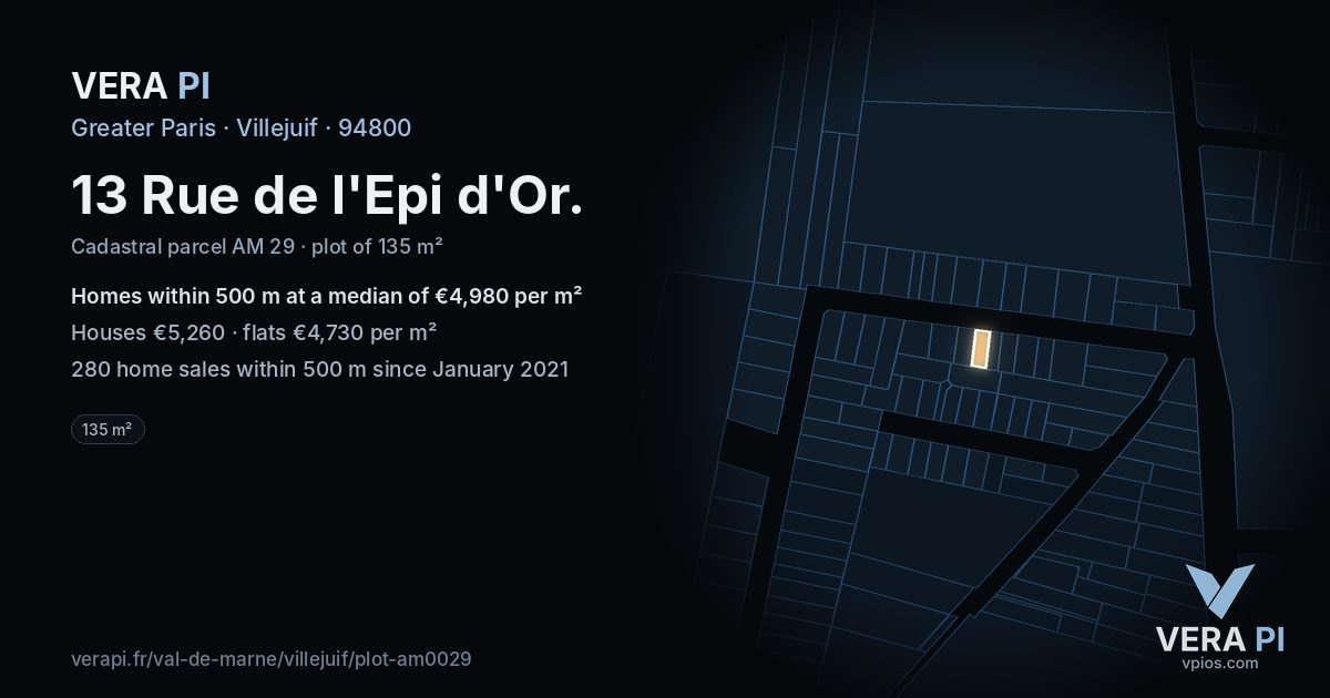 13 Rue de l'Epi d'Or, Villejuif at night – the plot lit, the parcels around coloured by the prices near them