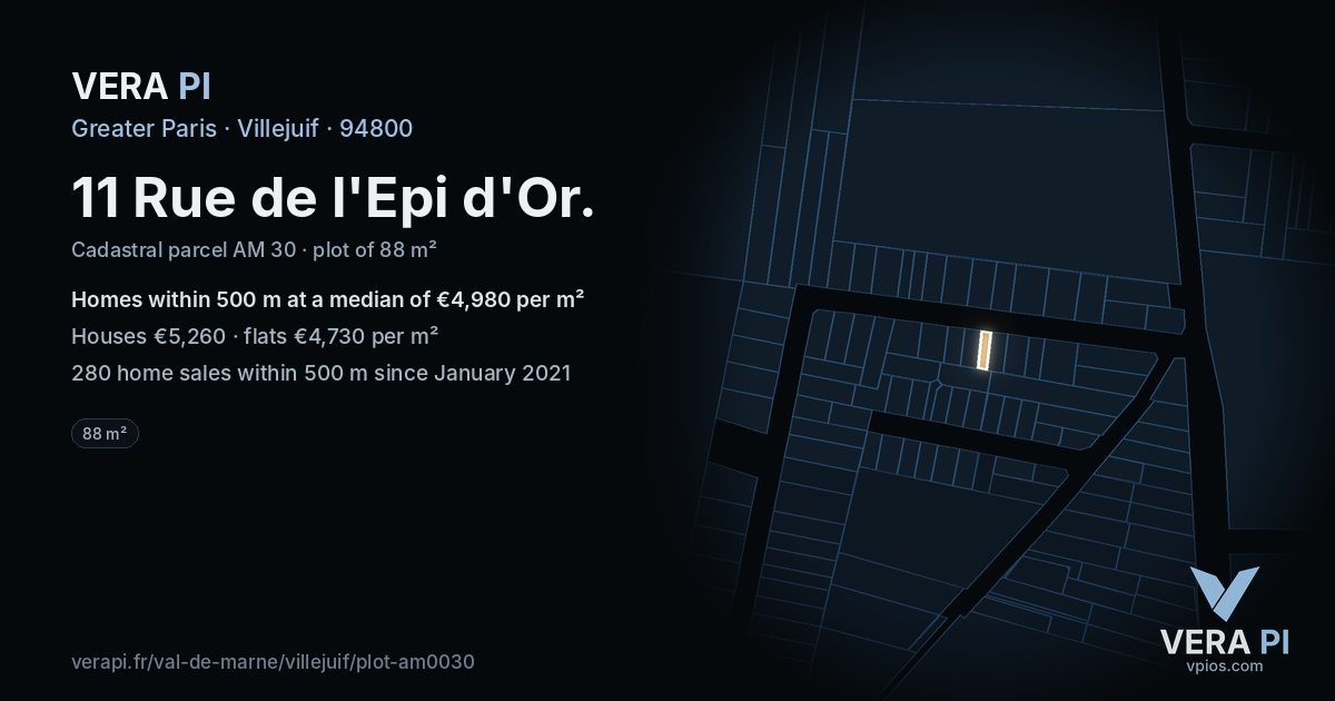 11 Rue de l'Epi d'Or, Villejuif at night – the plot lit, the parcels around coloured by the prices near them