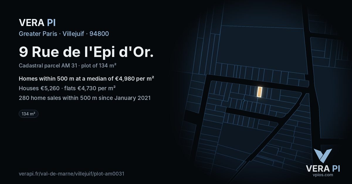 9 Rue de l'Epi d'Or, Villejuif at night – the plot lit, the parcels around coloured by the prices near them