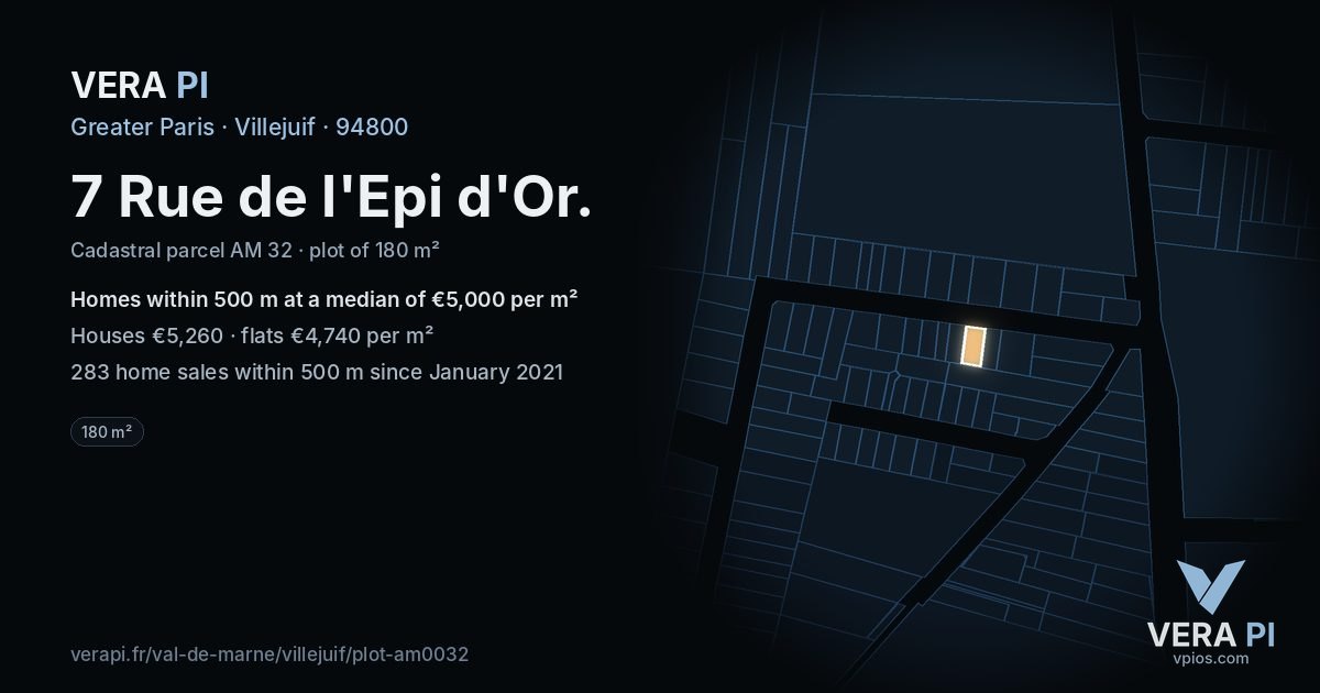 7 Rue de l'Epi d'Or, Villejuif at night – the plot lit, the parcels around coloured by the prices near them
