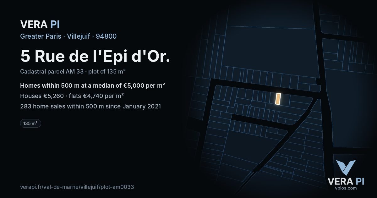 5 Rue de l'Epi d'Or, Villejuif at night – the plot lit, the parcels around coloured by the prices near them