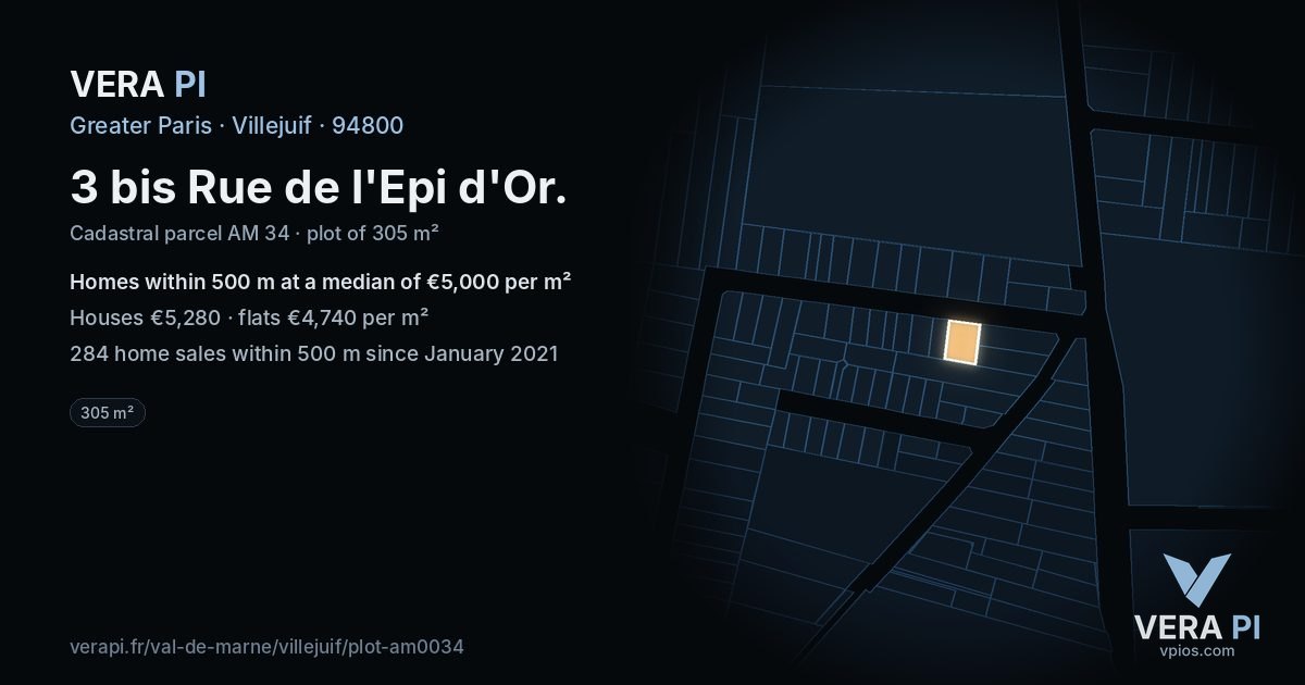 3 bis Rue de l'Epi d'Or, Villejuif at night – the plot lit, the parcels around coloured by the prices near them