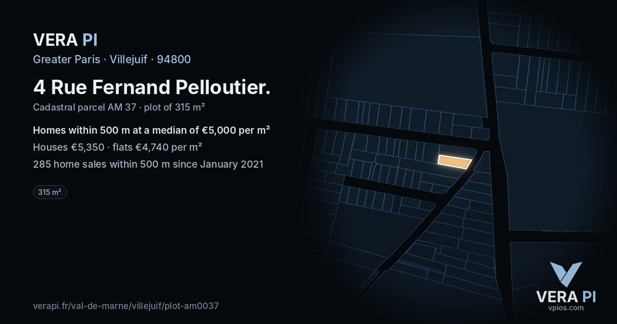 4 Rue Fernand Pelloutier, Villejuif at night – the plot lit, the parcels around coloured by the prices near them