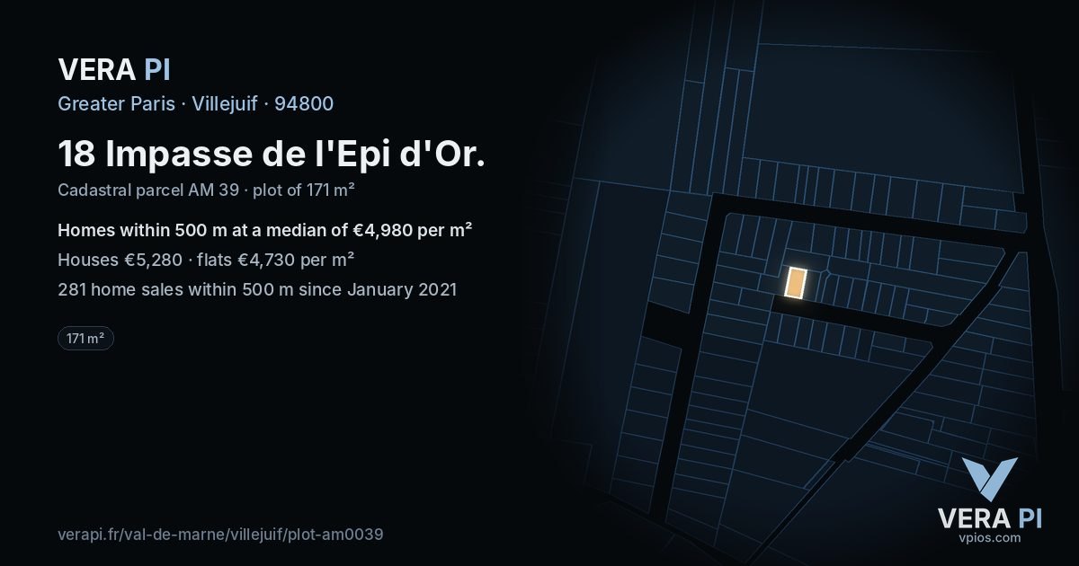 18 Impasse de l'Epi d'Or, Villejuif at night – the plot lit, the parcels around coloured by the prices near them