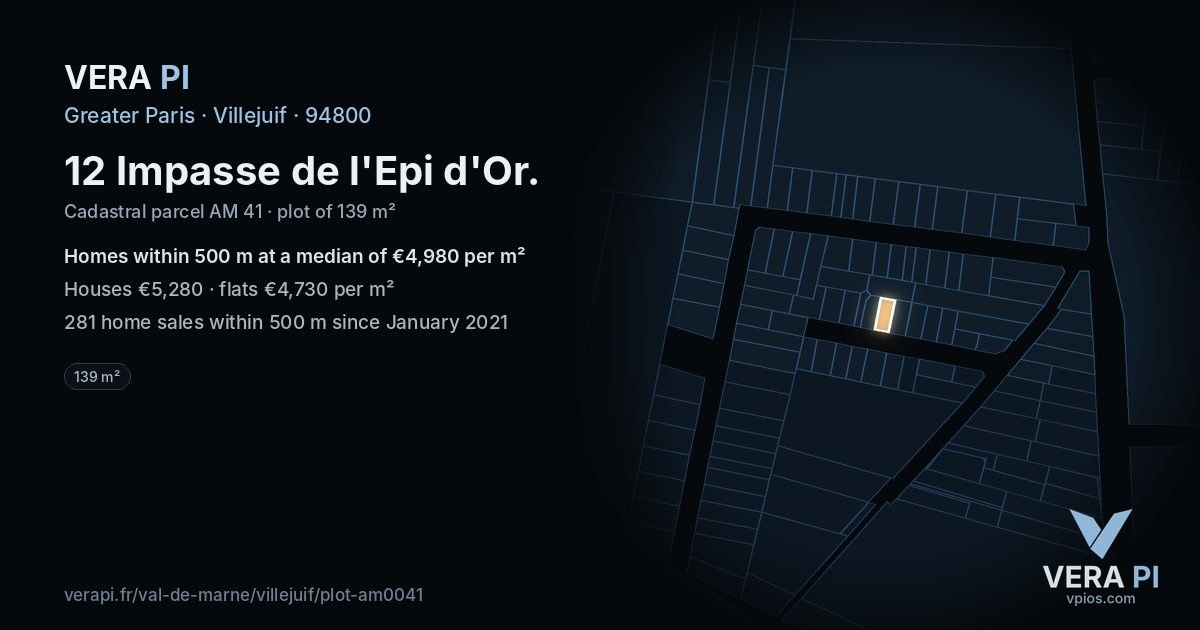 12 Impasse de l'Epi d'Or, Villejuif at night – the plot lit, the parcels around coloured by the prices near them