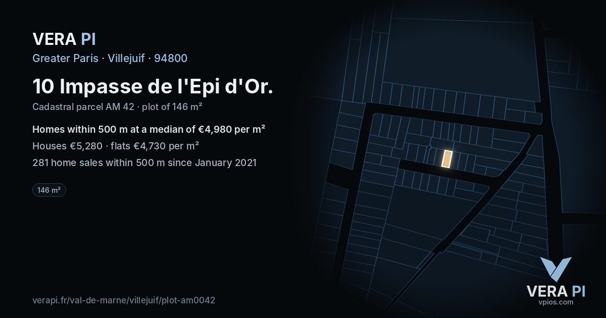10 Impasse de l'Epi d'Or, Villejuif at night – the plot lit, the parcels around coloured by the prices near them