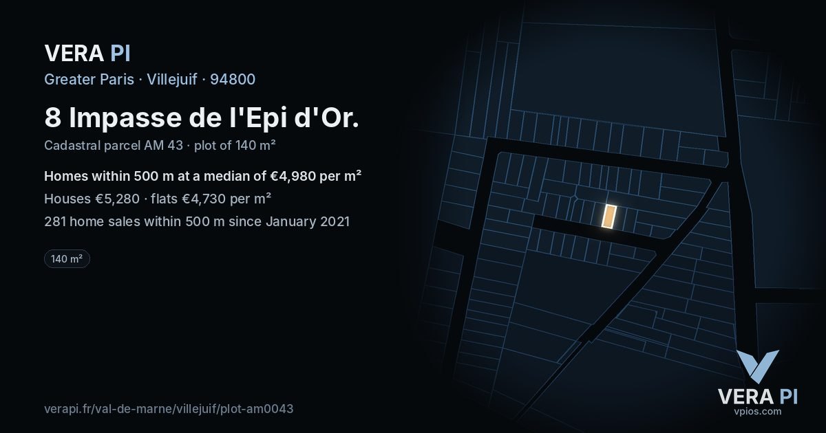 8 Impasse de l'Epi d'Or, Villejuif at night – the plot lit, the parcels around coloured by the prices near them